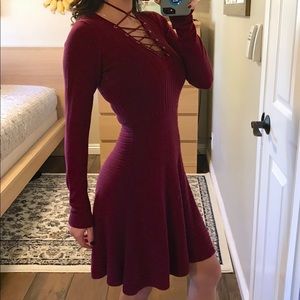 Burgundy Lace Up Sweater Dress